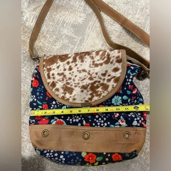 Myra Cowhide Floral Hair On Hide Leather Crossbody Messenger Bag Purse Canvas - Picture 10 of 11